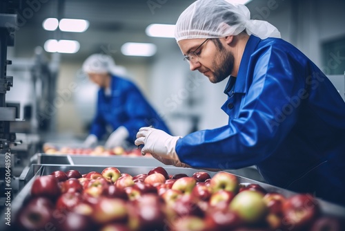 Technologists are controlling the quality of apple production in a food processing plant.