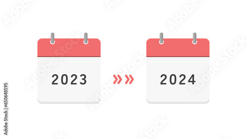 2023年と2024年のカレンダーと矢印 - 2年分の計画の告知や変更･延期のイメージ素材