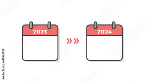 2023年と2024年の白紙のカレンダーと矢印 - 2年分の計画の告知や変更･延期のイメージ素材
