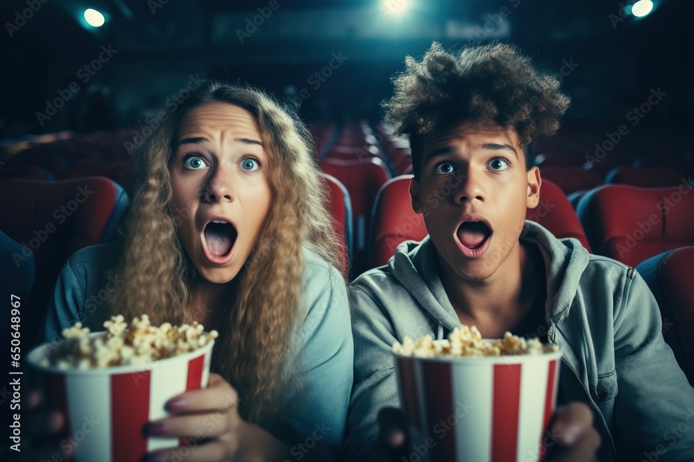 Fototapeta premium Young scared teenagers couple at the cinema watching an horror movie and screaming in the Cinema,