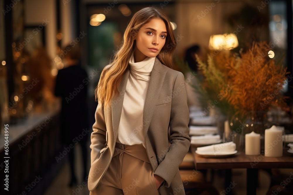 Young woman in an elegant jacket with an autumn look in a modern fashion boutique in a showcase. Young woman in an elegant jacket with an autumn look in a modern fashion boutique in a showcase.