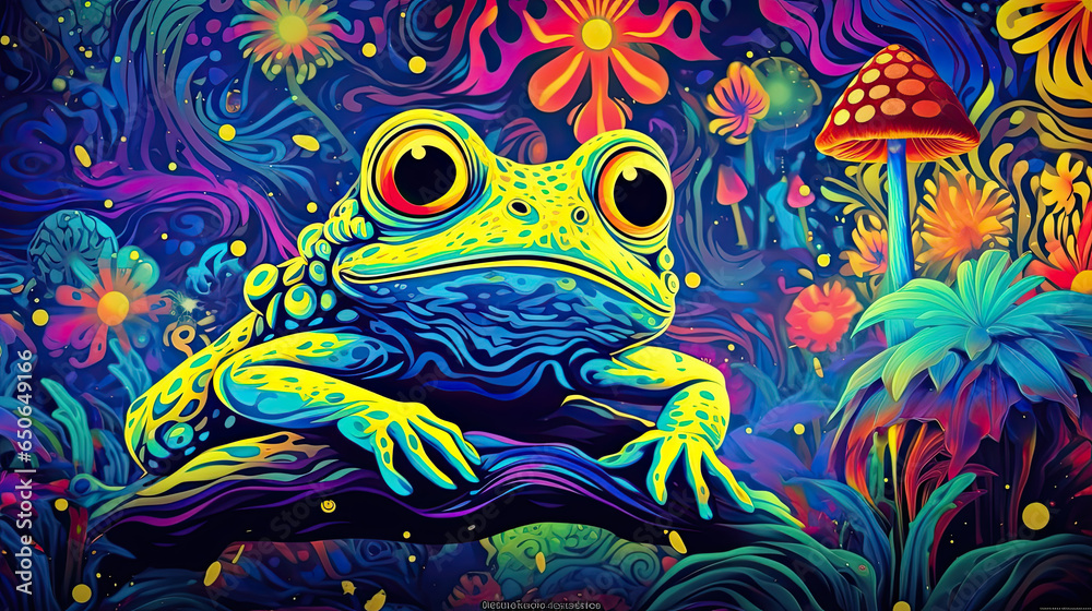 Psychic Waves: Aus der Fantasie in einer verträumten und spirituellen Erscheinung entstandene Visualisierung in Form von einem farbenfrohen Frosch