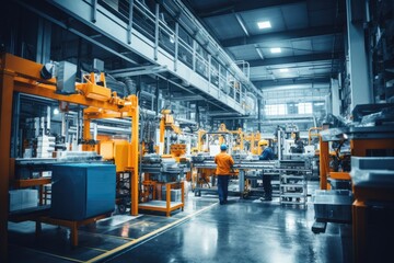 High-tech industrial factory, modern machinery, robotic automation, mechanical assembly, automotive manufacturing equipment in futuristic setting.