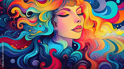 Psychic Waves: Aus der Fantasie in einer verträumten und spirituellen Erscheinung entstandene Visualisierung in Form von einer farbenfrohen, entspannten Frau