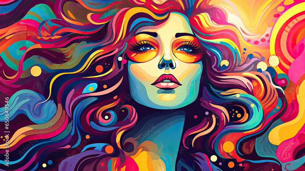 Psychic Waves: Aus der Fantasie in einer verträumten und spirituellen Erscheinung entstandene Visualisierung in Form von einer farbenfrohen, entspannten Frau