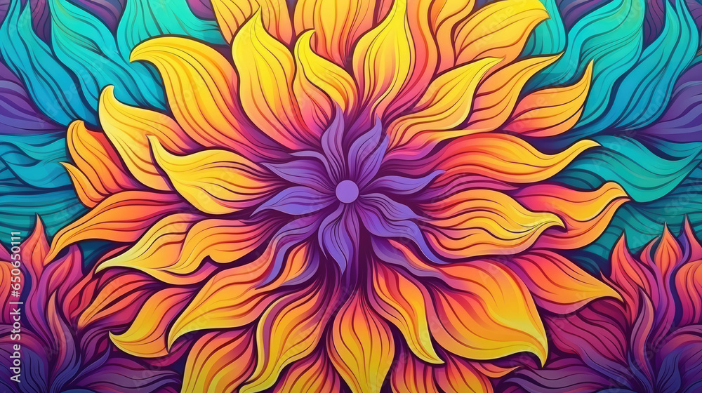 Psychic Waves: Aus der Fantasie in einer verträumten und spirituellen Erscheinung entstandene Visualisierung in Form von farbenfrohen Sonnenblumen - obrazy, fototapety, plakaty 