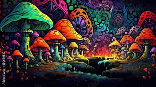 Psychic Waves: Aus der Fantasie in einer verträumten und spirituellen Erscheinung entstandene Visualisierung in Form von farbenfrohen Pilzen