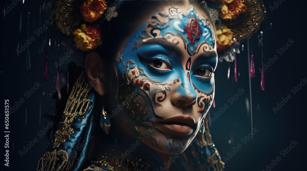Festive make-up of a Mexican woman. Day of the Dead, Halloween.