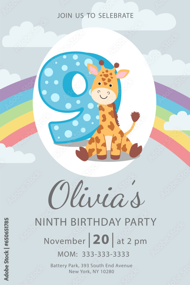 Fototapeta premium Happy ninth birthday with giraffe baby girl invitation card vector
