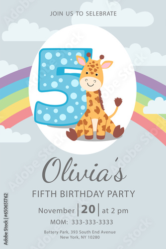 Happy fifth birthday with giraffe baby girl invitation card vector