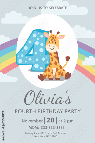 Happy fourth birthday with giraffe baby girl invitation card vector