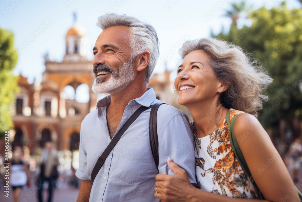 Mature couple traveling, standing in the midst of a vibrant city square Mature couple traveling, standing in the midst of a vibrant city square