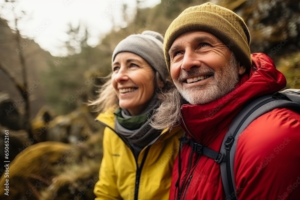 Mature couple traveling, embracing the beauty of nature on a picturesque hike