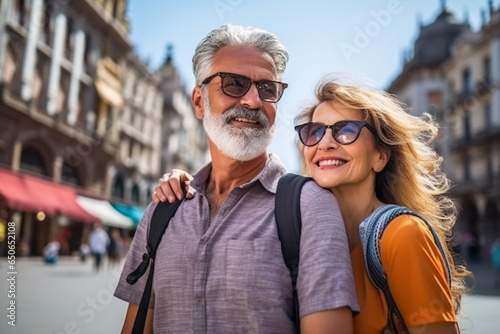 Mature couple traveling, standing in the midst of a vibrant city square