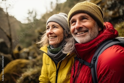 Mature couple traveling, embracing the beauty of nature on a picturesque hike