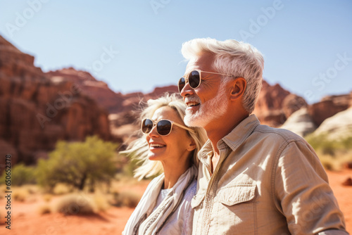 Mature couple traveling, gazing in awe at a natural wonder they've discovered
