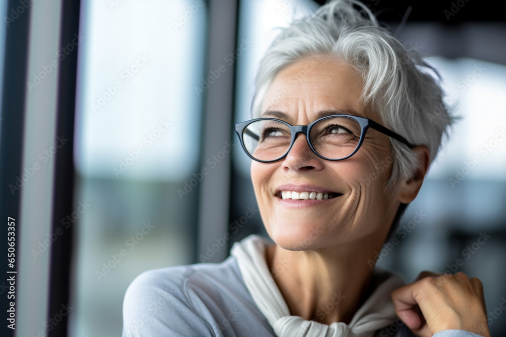 Portrait of smiling aged woman with gray hair looking at camera. Portrait of smiling aged woman with gray hair looking at camera.
