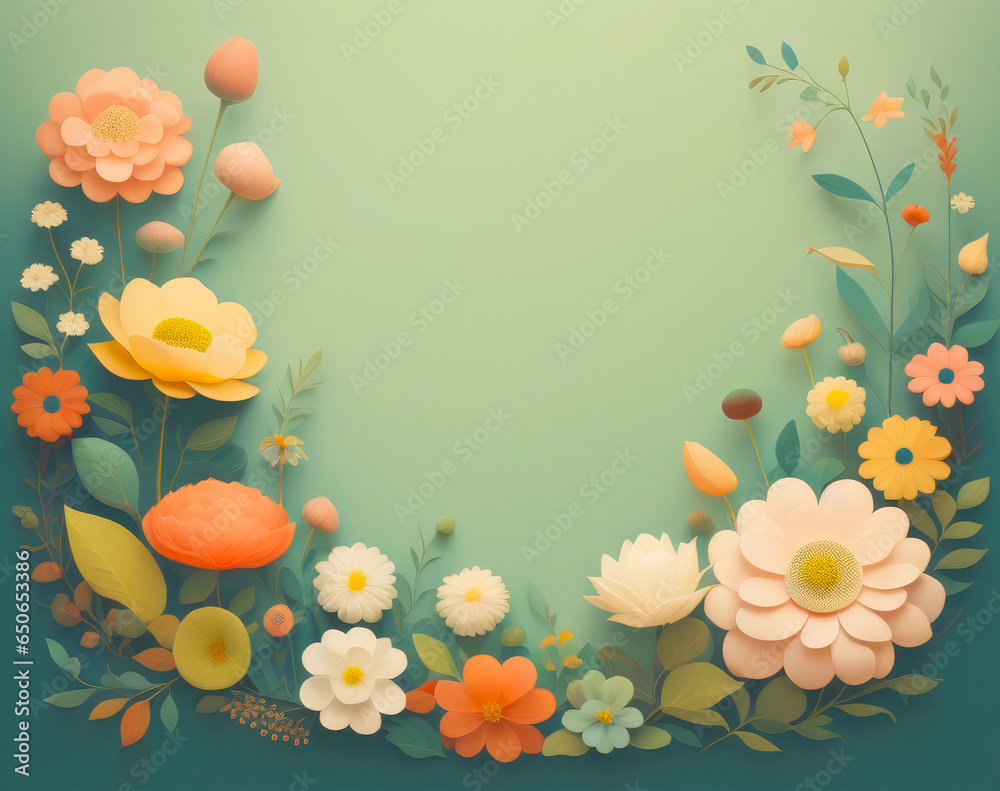Animation illustration, colorful flower frame on green pastel background. Animation illustration, colorful flower frame on green pastel background.