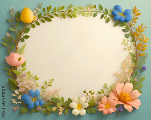 Animation illustration  colorful flower frame on green pastel background.