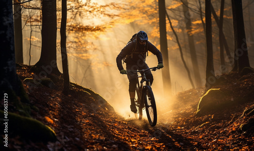 Mountain biker rides in sun autumn forest, Silhouette of biker cycling MTB stream up trail fall landscape, Sports and motivation.