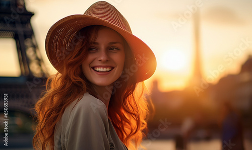 Happy woman travel in Paris, Cheerful Female in hat near Eiffel Tower, Travel to Europe, Famous popular tourist place in world. 