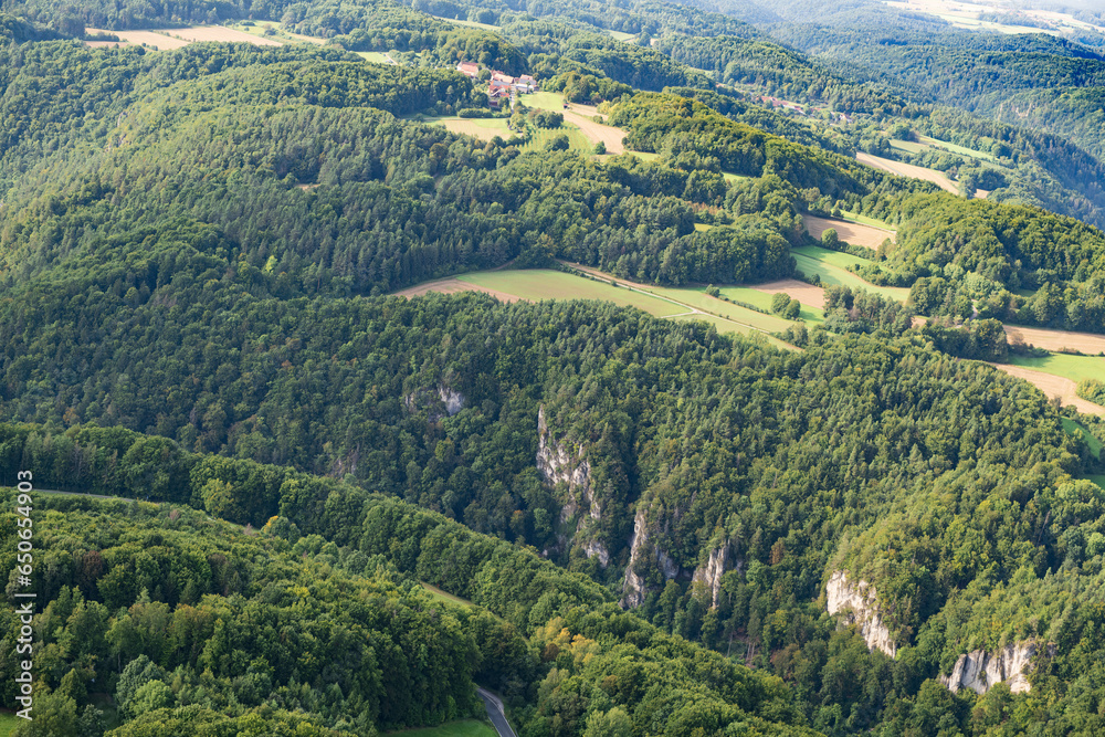 The landscape of Franconian Switzerland - Germany seen from a small aircraft
