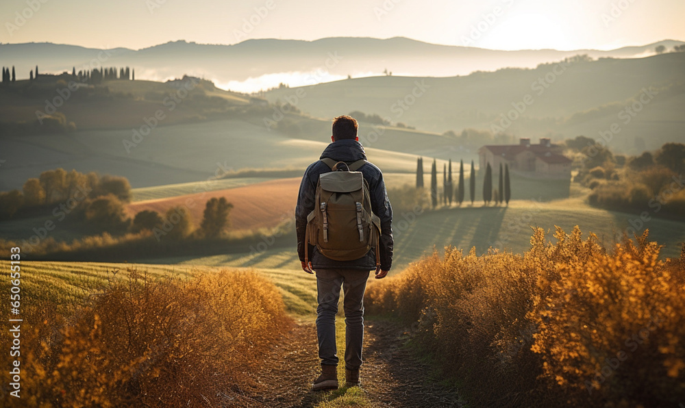 Male hiker traveling, walking alone Italian Tuscan Landscape view   - obrazy, fototapety, plakaty 