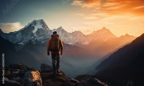 Male hiker traveling, walking alone in Himalayas under sunset light, man traveler enjoys with backpack hiking in mountains. Travel, adventure, relax, recharge concept. 