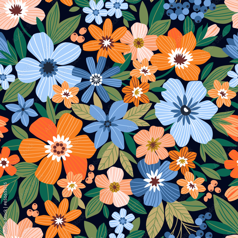 Beautiful floral pattern in small abstract flowers. Small blue and orange flowers. Dark blue background. Ditsy print. Floral seamless background. Liberty template for fashion prints. Stock pattern. Beautiful floral pattern in small abstract flowers. Small blue and orange flowers. Dark blue background. Ditsy print. Floral seamless background. Liberty template for fashion prints. Stock pattern.