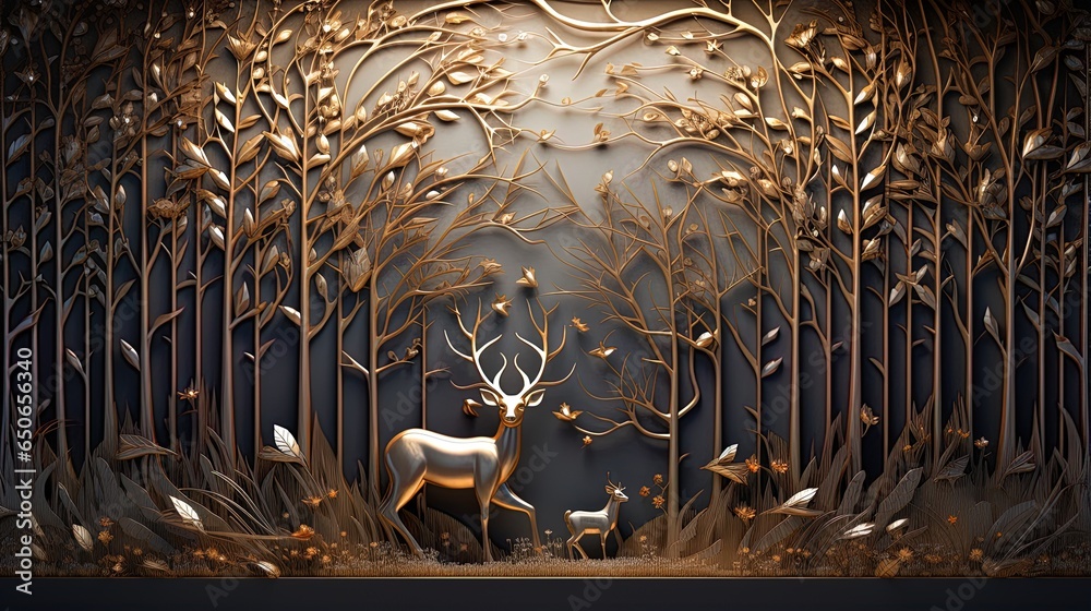 interior mural painting wall art decor wallpaper for home living room. 3d modern stereo stag deer animal with forest wall - obrazy, fototapety, plakaty 