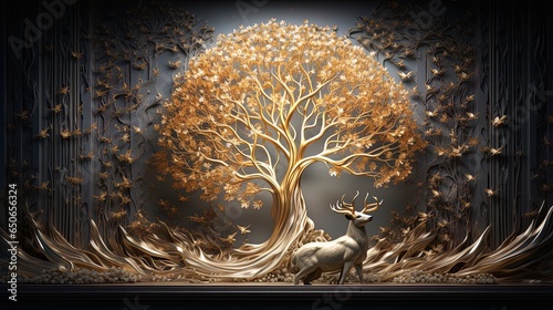 Naklejka interior mural painting wall art decor wallpaper for home living room. 3d modern stereo stag deer animal with forest wall
