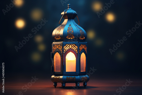 Decorative Arabic lantern with burning candle glowing at night over bokeh lights on dark background. Muslim holy month Ramadan Kareem.