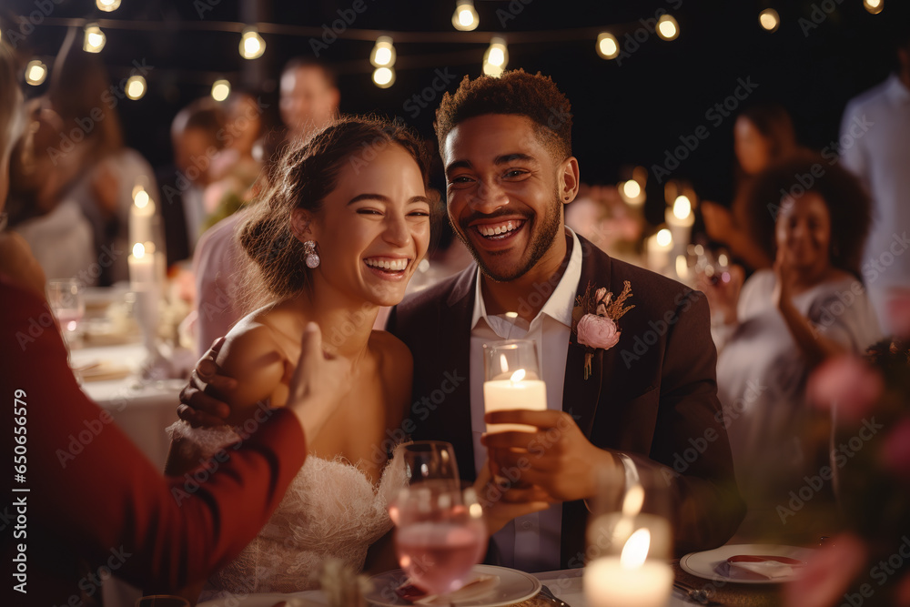 Beautiful Bride and Groom celebrating wedding at an evening wedding reception party. Smiling multi ethnic wedding couple enjoying champagne with their guests. - obrazy, fototapety, plakaty 