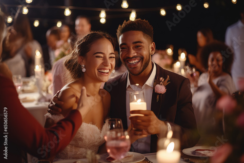 Beautiful Bride and Groom celebrating wedding at an evening wedding reception party. Smiling multi ethnic wedding couple enjoying champagne with their guests.