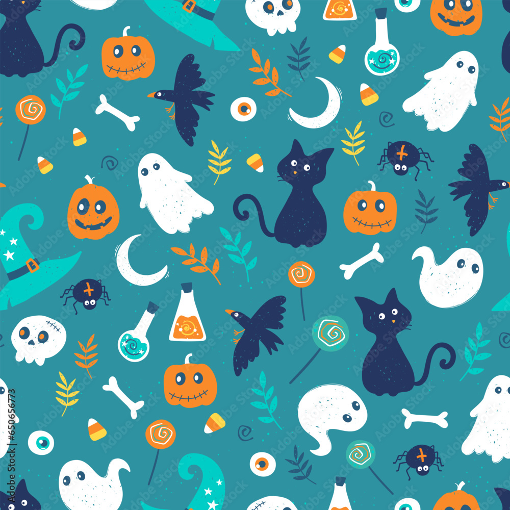Cute hand drawn Halloween seamless pattern, colorful doodle background, great for Halloween banners, wallpapers, textiles, wrapping - vector design