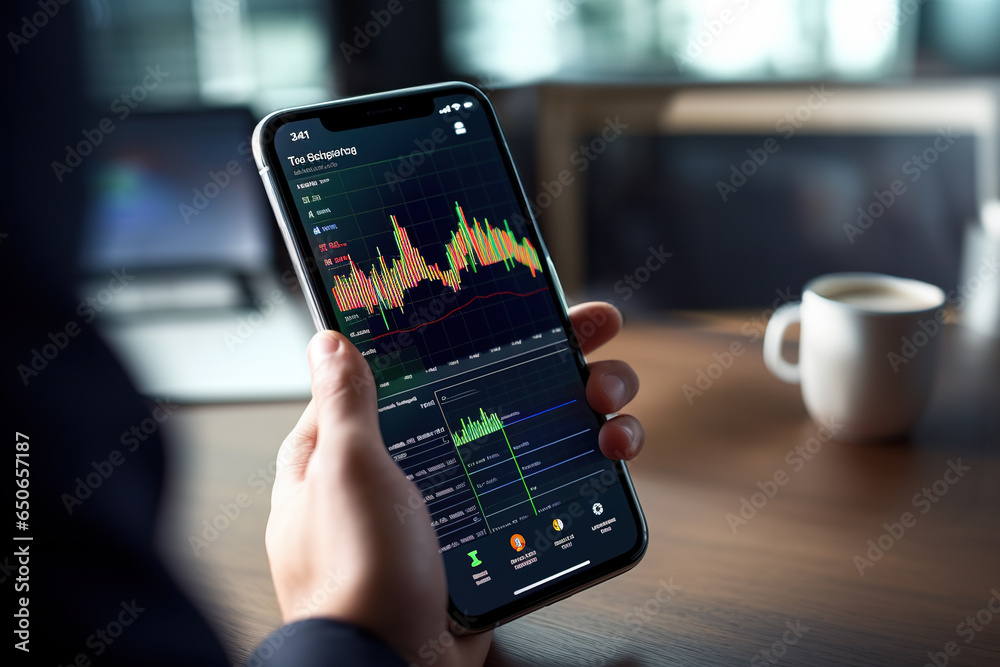 Closeup of Crypto trader investor broker hand holding phone app executing financial stock trade market trading order to buy or sell cryptocurrency shares thinking of investment risks profit concept. - obrazy, fototapety, plakaty 