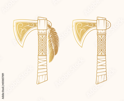 Two Indian tomahawks  isolated on a white background. Vector ethnic design elements can be used for printing on t-shirts, covers and web design.