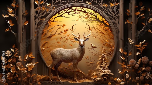Abstract modern 3d interior mural stag wall art dark and golden forest trees, deer animal wildlife with birds, golden light, and woods
