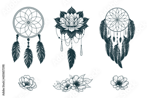 Set of three dream catchers and beautiful flowers in boho style. Hand drawn tribal Indian symbols for web design, tattoo, t-shirt and print.  Vector illustration isolated on white background.