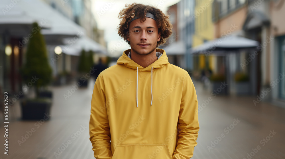 Portrait of young smiling handsome man with solid color cloth, Plaza shopping district background. Portrait of young smiling handsome man with solid color cloth, Plaza shopping district background.