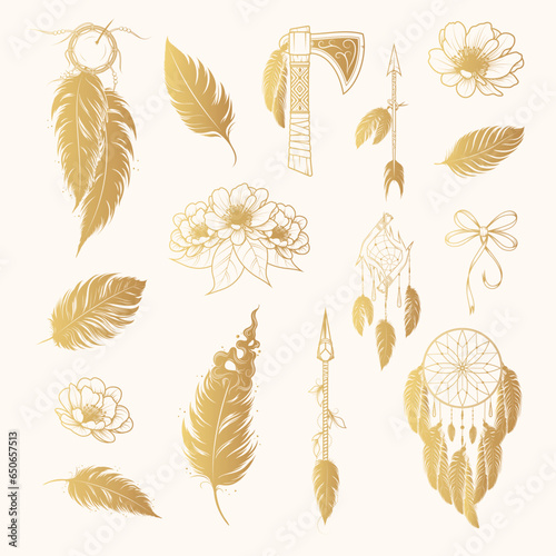 Feathers fantasia set in boho style. Golden  dream catchers, arrows, flowers and feathers isolated on white background. Hand drawn vector illustration for web design and print.