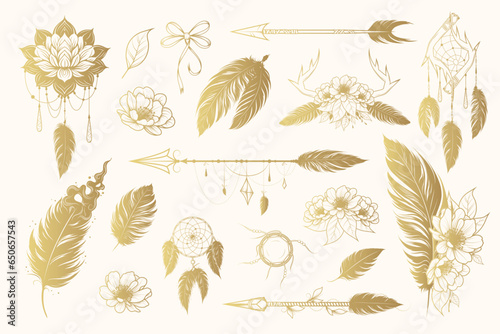 Feathed fantasia: tribal treasures in bohemian bliss. Hand drawn isolated set of golden ethnic design elements. Vector illustration for  web design, t-shirts and print.
