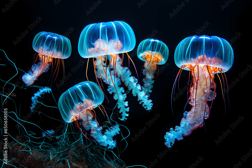 Obraz premium Group of jellyfish deep in the dark blue water. Generative Ai 