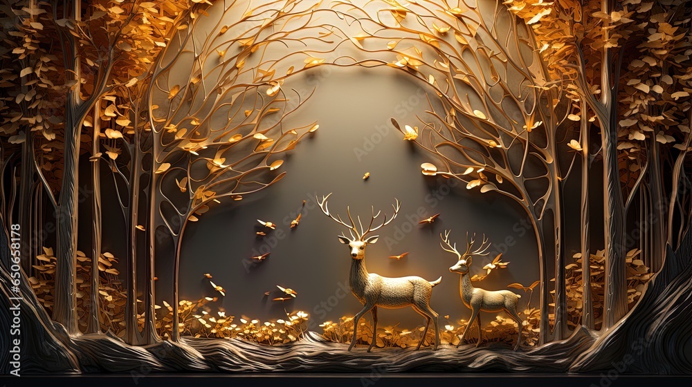3d abstraction modern and creative interior mural wall art wallpaper with dark and golden forest trees, stag deer animal wildlife with birds 
 - obrazy, fototapety, plakaty 