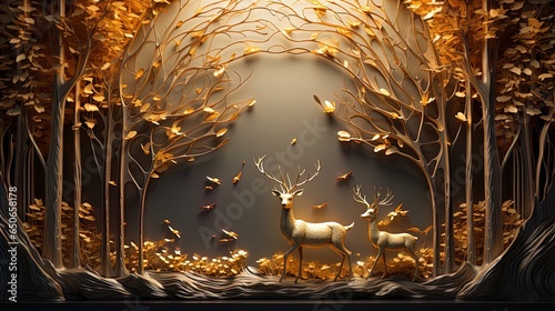 3d abstraction modern and creative interior mural wall art wallpaper with dark and golden forest trees, stag deer animal wildlife with birds  