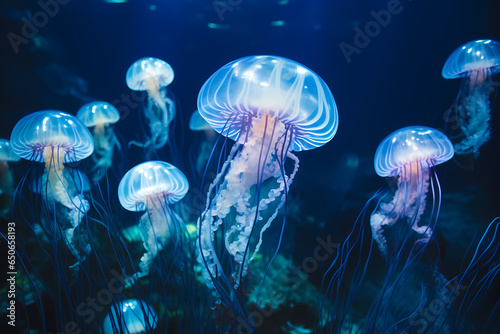 Group of jellyfish deep ocean in the dark blue water. Generative Ai  © Hamza