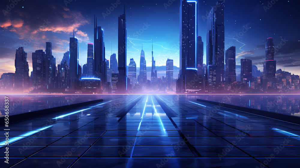 Horizon display for futuristic environment for buildings and architecture, cyber punk style design. Generative Ai