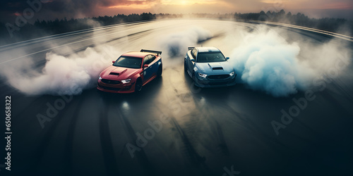Car drifting image diffusion race drift car with lots of smoke from burning tires on speed track generative AI 