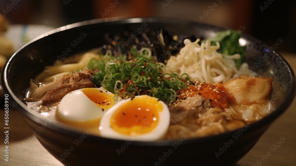 Close-up of steaming bowl of delicious ramyeon noodles, perfect comfort food Close-up of steaming bowl of delicious ramyeon noodles, perfect comfort food