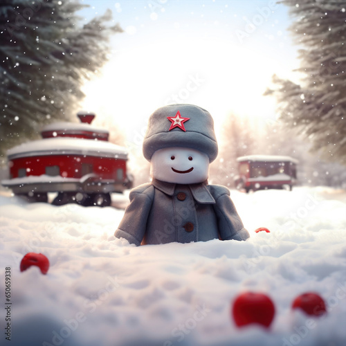 Russian soft toy Vatnik. Funny Soviet character in gray coat, gray hat with a red star. Russian minion. Cute plush image about childhood in the USSR photo